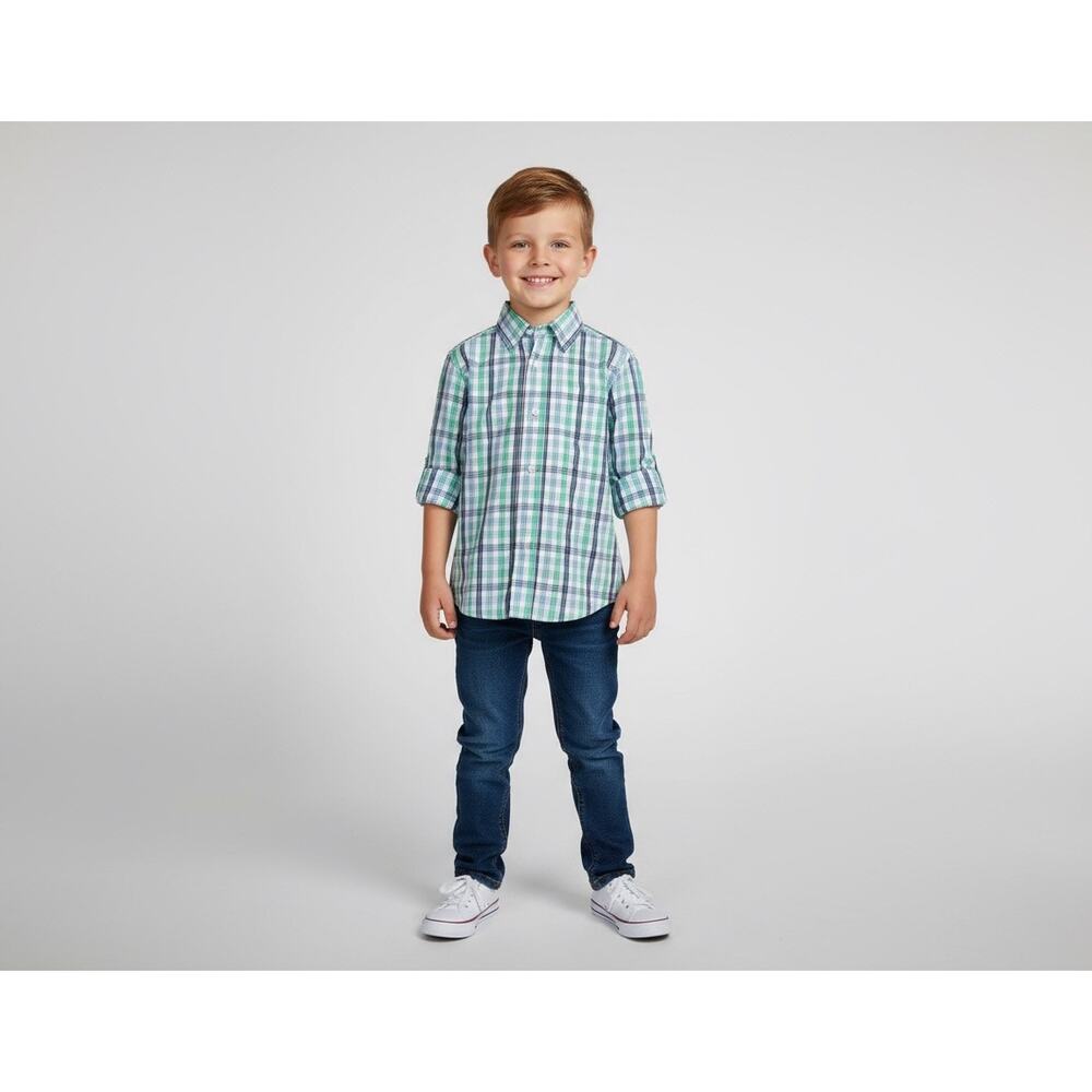 Bella Bliss Boys Button Down Shirt Size 4 Blue Green Plaid Cotton Long Sleeve
